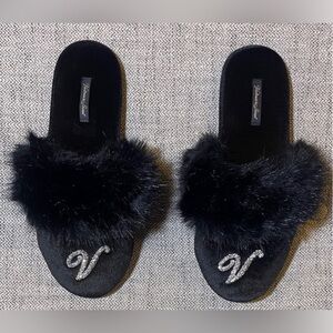Victoria's Secret Black Fur Slippers with Silver Detail. Size Large